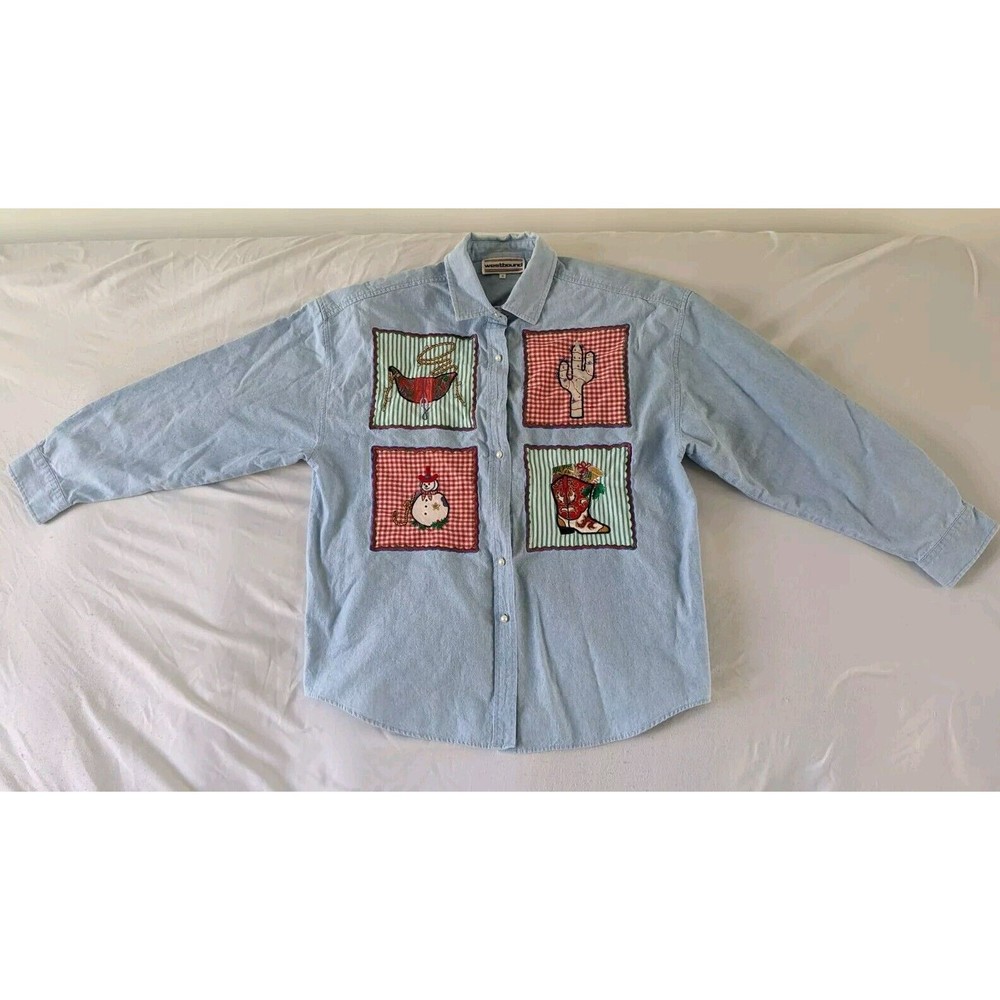 Vintage 90s Western Embroidered Christmas Denim Shirt Size 14 Large Cowboy - Picture 2 of 12